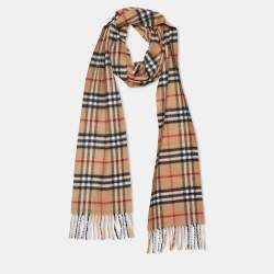 Pre Owned Burberry Beige Checked Cashmere Fringe Stole