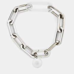 Pre Owned Burberry Palladium Plated Chain Link Glass Ball Charm Bracelet