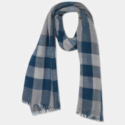 Pre Owned Burberry Grey & Blue Nova Check Fringed Gauze Scarf