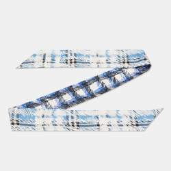 Pre Owned Burberry Azure Blue Check & Scribble Print Silk Bandeau