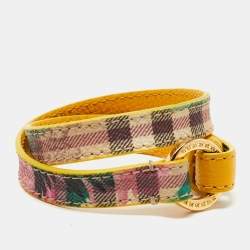 Pre Owned Burberry Mustard/Beige Tartan Check Coated Canvas and Leather Double Wrap Bracelet