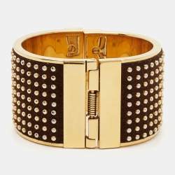 Pre Owned Burberry Studded Suede Gold Tone Bracelet