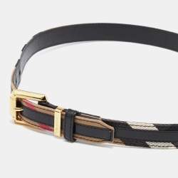 Pre Owned Burberry Black/Beige House Check Canvas and Leather Buckle Belt 85CM