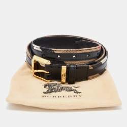 Pre Owned Burberry Black/Beige House Check Canvas and Leather Buckle Belt 85CM