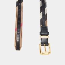 Pre Owned Burberry Black/Beige House Check Canvas and Leather Buckle Belt 85CM