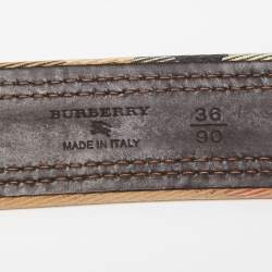 مملوكة مسبقًا حزام بربري جلد وكانفاس كاروهات بيج/بني داكن بإبزيم 90 سم