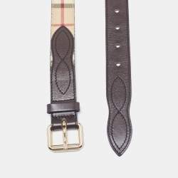 مملوكة مسبقًا Burberry Dark Brown/Beige Haymarket Check PVC and Leather Buckle Belt 100CM