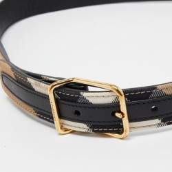 Pre Owned Burberry Beige/Black Haymarket Check Canvas and Leather Buckle Slim Belt 90 CM