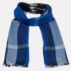 Pre Owned Burberry Blue Checkered Silk & Cashmere Fringed Shawl