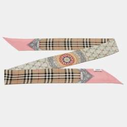 Pre Owned Burberry Beige/pink Silverware Print Silk Double Layered Scarf 