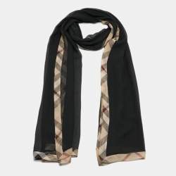 Pre Owned Burberry Black Silk Checked Hem Detailed Scarf 