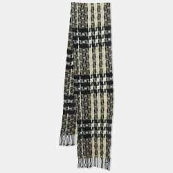 Burberry Black Nova Check Patterned Wool Fringed Scarf