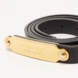 Pre Owned Burberry Black/Gold Leather Logo Plague Belt 85CM