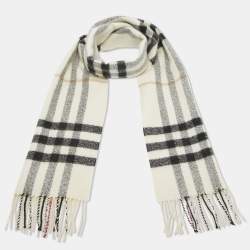 Pre Owned Burberry Cream Checked Cashmere Blend Fringed Muffler