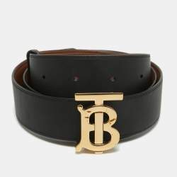 Pre Owned Burberry Black Leather TB Logo Buckle Reversible Belt S
