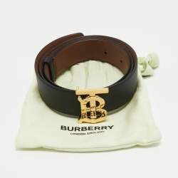 Pre Owned Burberry Black Leather TB Logo Buckle Reversible Belt S