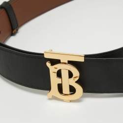 Pre Owned Burberry Black Leather TB Logo Buckle Reversible Belt S