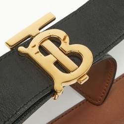 Pre Owned Burberry Black Leather TB Logo Buckle Reversible Belt S