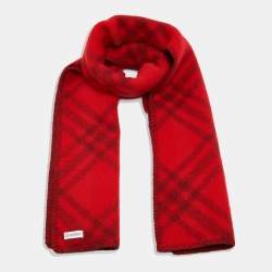 Pre Owned Burberry Red Tri Bar Check Wool Scarf 