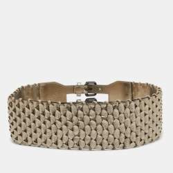 Pre Owned Burberry Metallic Woven Leather Double Buckle Waist Belt 80 CM