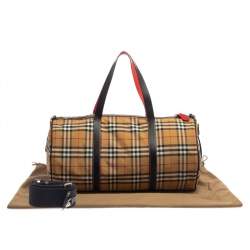Burberry Black/Beige Vintage Check Nylon and Leather Large Barrel Bag
