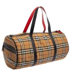 Burberry Black/Beige Vintage Check Nylon and Leather Large Barrel Bag