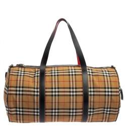Burberry Black/Beige Vintage Check Nylon and Leather Large Barrel Bag