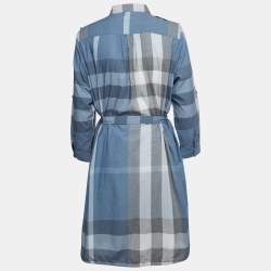 Pre Owned Burberry Blue Novacheck Cotton Belted Short Dress L