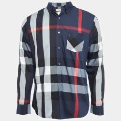 Burberry Navy Blue Plaid Button Down Shirt L