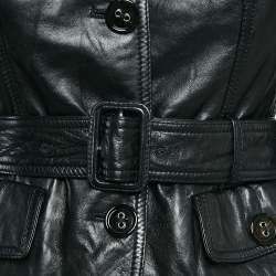 Burberry Black Leather Belted Button Front Jacket S