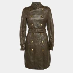 Burberry Brown Leather Double Breasted Trench Coat S