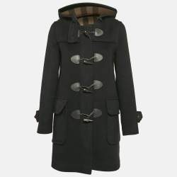 Burberry Black Wool Button Front Hooded Duffle Coat S