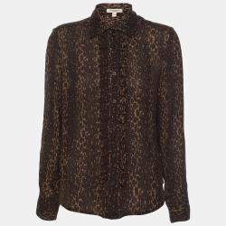 Burberry Brown Animal Print Silk Ruffle Detail Button Front Top M