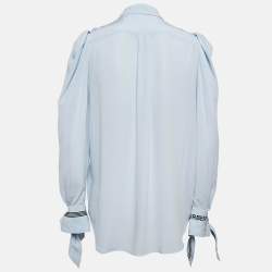 Pre Owned Burberry Light Blue Logo Print Silk Tie-Up Cuff Shirt S