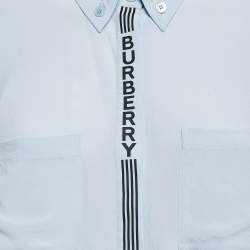 Pre Owned Burberry Light Blue Logo Print Silk Tie-Up Cuff Shirt S