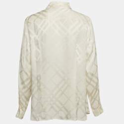 Pre Owned Burberry Cream Checks Pattern Satin Silk Long Sleeve Shirt L
