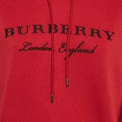Pre Owned Burberry Red Krayford Embroidered Cotton Knit Hoodie S