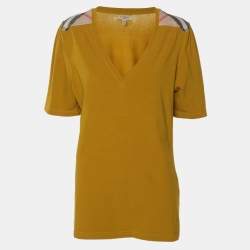 Burberry Yellow Cotton Blend Shoulder Patch V-Neck T-Shirt L