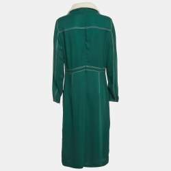 Pre Owned Burberry Green Crepe Detachable Knit Collar Midi Dress L
