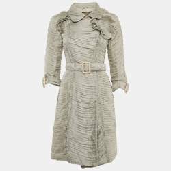 Burberry Grey Silk Blend Ruffle Detail Belted Coat S