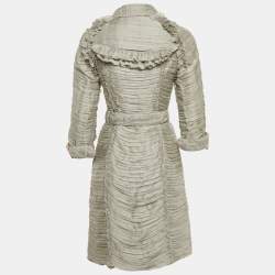 Burberry Grey Silk Blend Ruffle Detail Belted Coat S