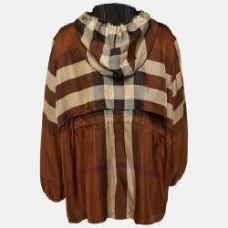 Burberry Brown Check Print Silk Zip Up Hooded Jacket M
