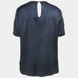 Burberry Navy Blue Satin Silk Faux Pleat Detail Top L