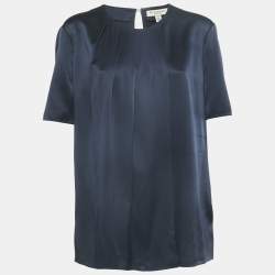 Burberry Navy Blue Satin Silk Faux Pleat Detail Top L