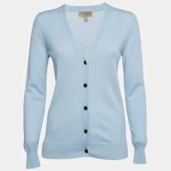 Burberry Blue Merino Wool Patch Detail Button Front Cardigan S