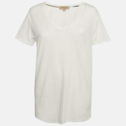 Burberry White Logo Embroidered Cotton V-Neck T-Shirt L