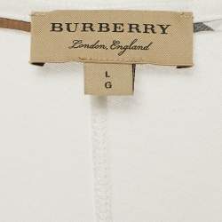 Burberry White Logo Embroidered Cotton V-Neck T-Shirt L