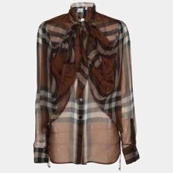 Pre Owned Burberry Brown Check Silk Button Front Blouse XS