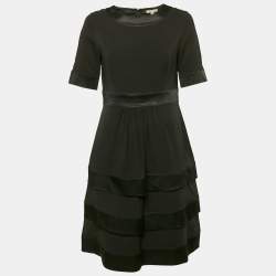 Pre Owned Burberry Black Satin Trim Silk Tiered Mini Dress S