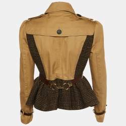 Burberry Prorsum Beige Cotton & Black Tweed Paneled Peplum Double Breasted Jacket M